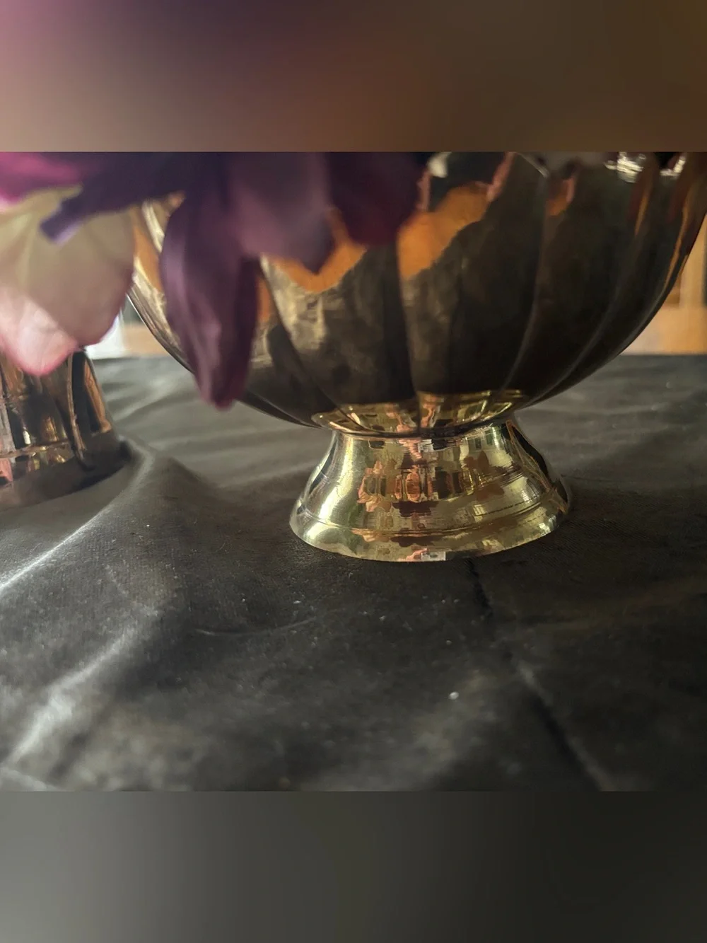Brass Candle Holder with Floral Arrangement with Burgundy Candle - Brass Pithcer